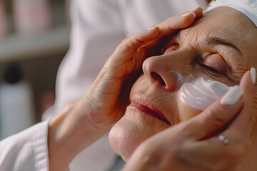 シニアの女性が美容の為にエステでお肌のケアをする