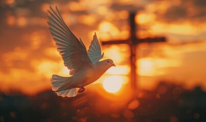 The Holy Spirit, depicted in flight as a dove against the backdrop of a dawn-lit cross
