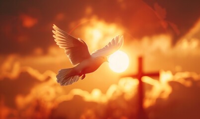 A dove with outstretched wings glides in front of the cross, symbolizing the Holy Spirit