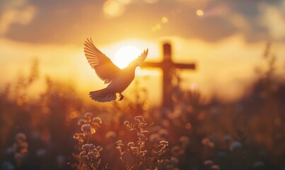 Dawn, a dove hovers in front of the cross, symbolizing the Holy Spirit