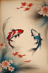 Koi fish painting with Japanese colored carps swimming in a pond in watercolor style. - 793817469