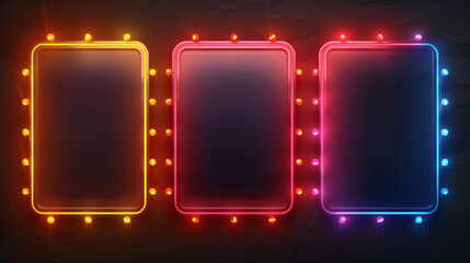 Three neon-framed empty billboards on a dark background.