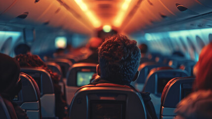 Closeup of rear view of people passenger sitting in airplane - Powered by Adobe