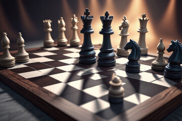 Strategic chess game showcases chessboard with various pieces arranged for game. - 793817819