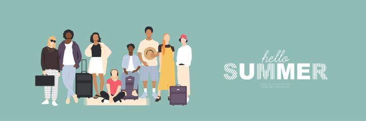 Hello Summer banner. Different people stand together with suitcases.