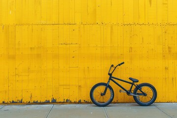 a black BMX bike leaning against a yellow wall.
