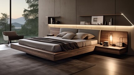 A spacious bedroom with a grand bed and elegant night stand