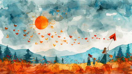 Park under sunshine: kids fly kites as moms enjoy the view. Illustration on textured paper, pencil and watercolor.

