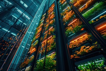 An urban vertical farm with nutrient monitoring systems, and climatecontrolled growth environments , sci-fi tone, technology