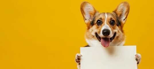 Corgi dog holding sign with whiskers and snout on yellow display