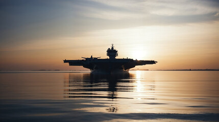 Fototapeta premium majestic aircraft carrier navigates through the calm sea waters, silhouetted against the warm glow of the setting sun, theater of military operation at sea