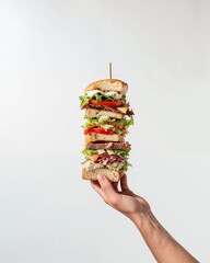 Hand holding a towering multi-layered sandwich against a white background, original and spectacular sandwich of white bread, stacked high with multiple layers of bread, lettuce,  tomatoes, and meat