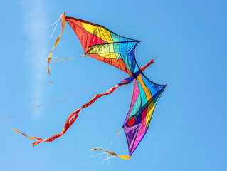Vibrant kite soars high in blue sky, caught in gust of wind, brightening the day.