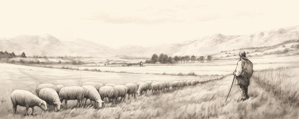 Shepherd leading a herd of sheep on a meadow, sketch illustration, generative ai
