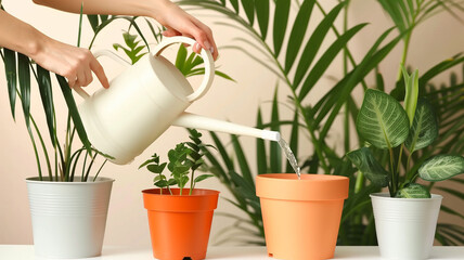 woman watering indoor green plants and flowers in pots from a white watering can