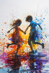 Vibrant watercolor illustration of children dancing with loose and expressive strokes, capturing the joy and movement of the moment
