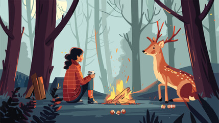 Girl and deer talking in the woods by the fire 