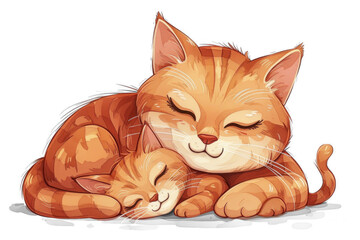 Cartoon colorful cute mother cat hugging baby kitten isolated
