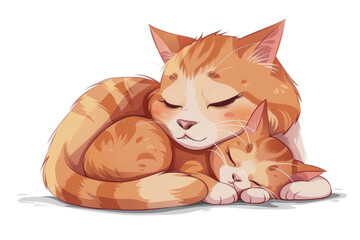 Cartoon colorful illustration of cute mother cat hugging baby kitten isolated