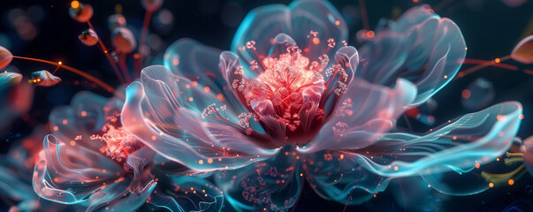 Digital art of a glowing, futuristic flower with particles.