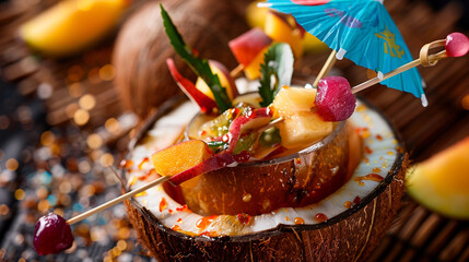  A close-up of a tropical cocktail served in a coconut shell, adorned with a colorful umbrella and fruit skewer
