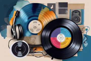 A collage of different music-related elements such as vinyl records, headphones and turntable. - 793819086