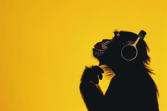 Silhouette of monkey with headphones against vibrant yellow backdrop. Creative music background.