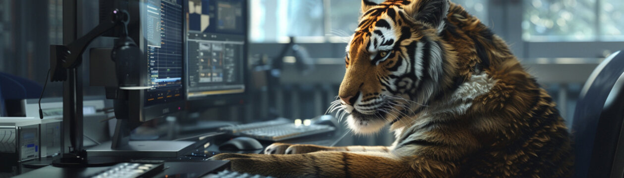 A tiger using a computer in a hightech lab where the digital and real worlds merge , hyper realistic, low noise, low texture