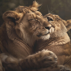 Lions embracing in a tender. ethereal hug 