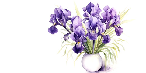 Bouquet of irises in a vase on a white background, watercolor illustration. An empty space for the text.