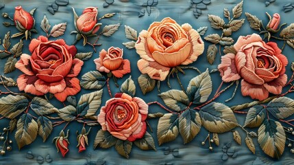 Naklejka premium The embroidery composition is featuring roses flowers, buds, and leaves. This floral embroidery pattern is done in satin stitch embroidery on beige background. It can be used for clothing, decor, and