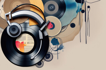 Different music-related elements such as vinyl records, headphones and turntable. - 793819466