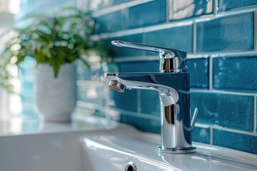 modern blue bathroom sink with faucet