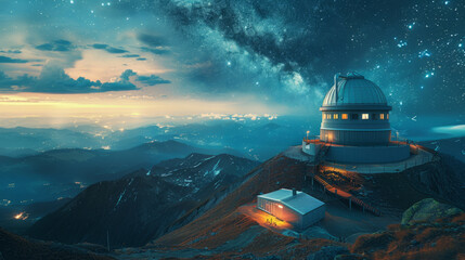Experience the wonder of the cosmos from an elevated vantage point at a public observatory on a mountain peak. - obrazy, fototapety, plakaty