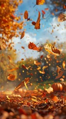 Colorful Autumn Leaves Dancing in Blustery Wind with Pumpkin Patch Backdrop