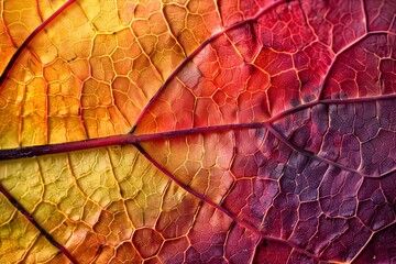 Detailed Cross-section of a Vibrant Autumn Leaf Showcasing its Colorful Cellular Structure and Pigmentation