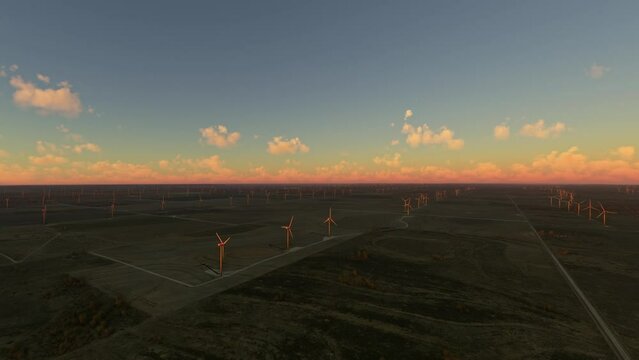 Sunset aerial view of Horse Hollow Wind Energy Center in Texas. United States