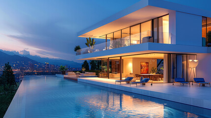 A luxurious modern house with sleek design, large windows, and an inviting infinity pool.