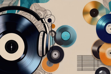 Different music-related elements such as vinyl records, headphones and turntable. - 793819880