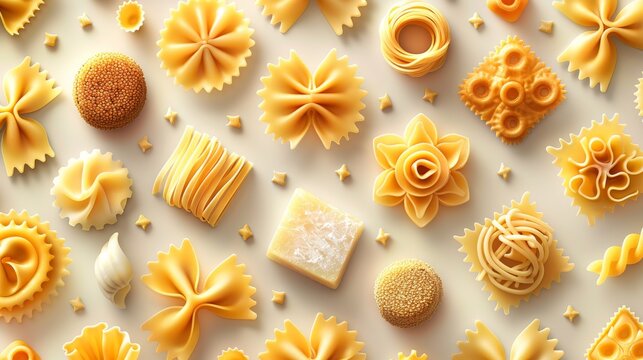 The pattern consists of a variety of raw pasta types on a light background, including farfalle, conchiglie, rotini, rotelli, ravioli, and stelle. It is a hand drawn modern illustration suitable for a