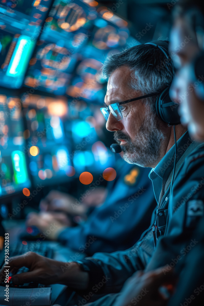 Poster a digital security team responding to a cyber attack, intensely focused on screens displaying real-t