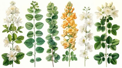 Illustrations of Moringa oleifera leaves, flowers, seeds, fruits, isolated on white background. Modern illustration of tropical cultivated plant parts. - obrazy, fototapety, plakaty