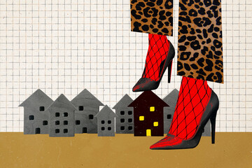 Composite photo collage of woman legs wear leopard trousers heels step house under shoe domination owner isolated on painted background