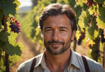 Smiling man enjoying time in a vineyard. Casual and joyful expression in a natural setting.