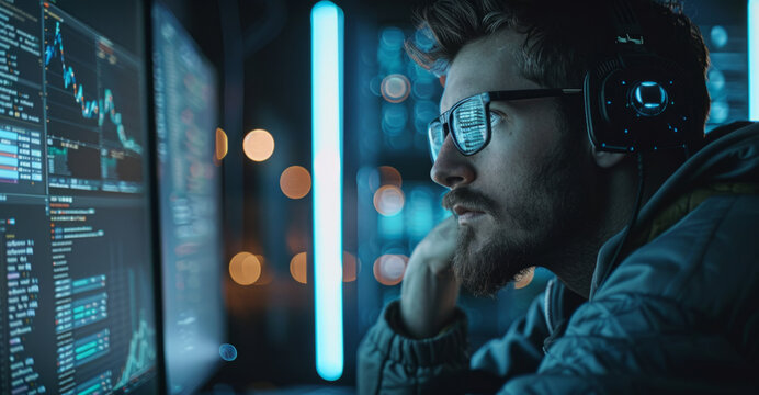 Developer debugging machine learning algorithms with dual monitors for code and data visualization.