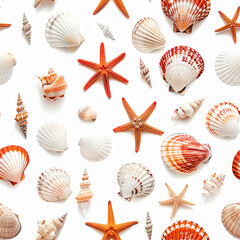 Collection of various seashells and starfish on a white background