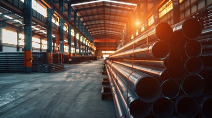 High quality steel pipe or aluminum in stack waiting for shipment in warehouse, Steel industry. copy space for text. - obrazy, fototapety, plakaty
