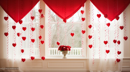 Curtains and the hearts as a decoration of the newlyweds' table
