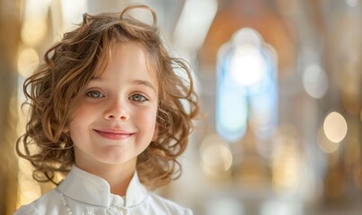 First Holy Communion. A boy in a white is happy after the Christian sacrament. Greeting card or invitation.