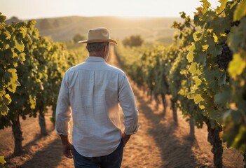 Man walking thoughtfully through a vineyard. Contemplation in a peaceful agricultural setting.